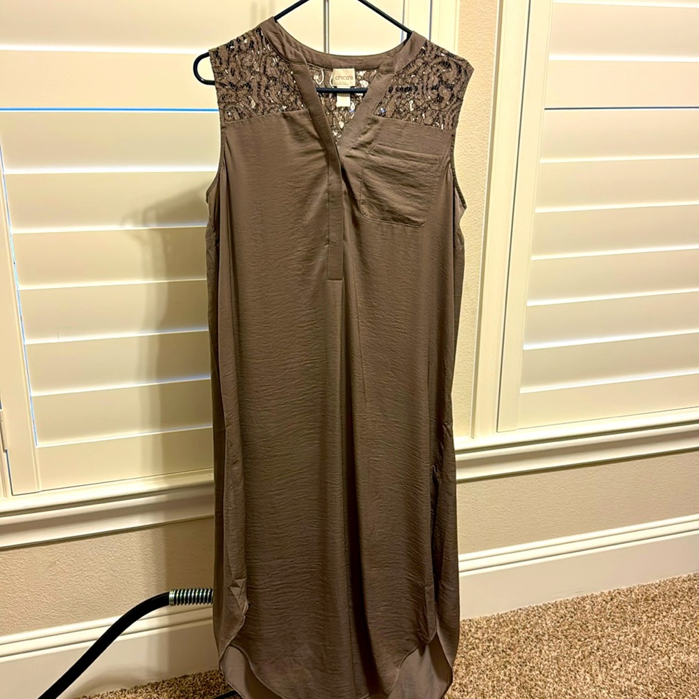 Chicos NWT size 1 lace shoulder dress in taupe. Polyester & Rayon. Brand new.